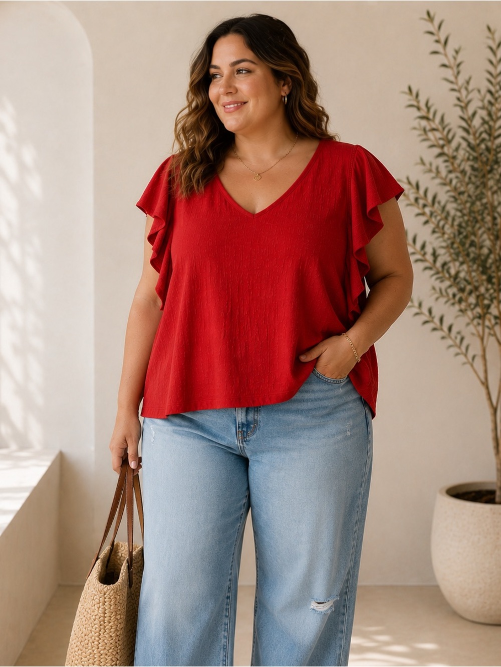 Wonderly Flutter Sleeve Textured V-Neck Top